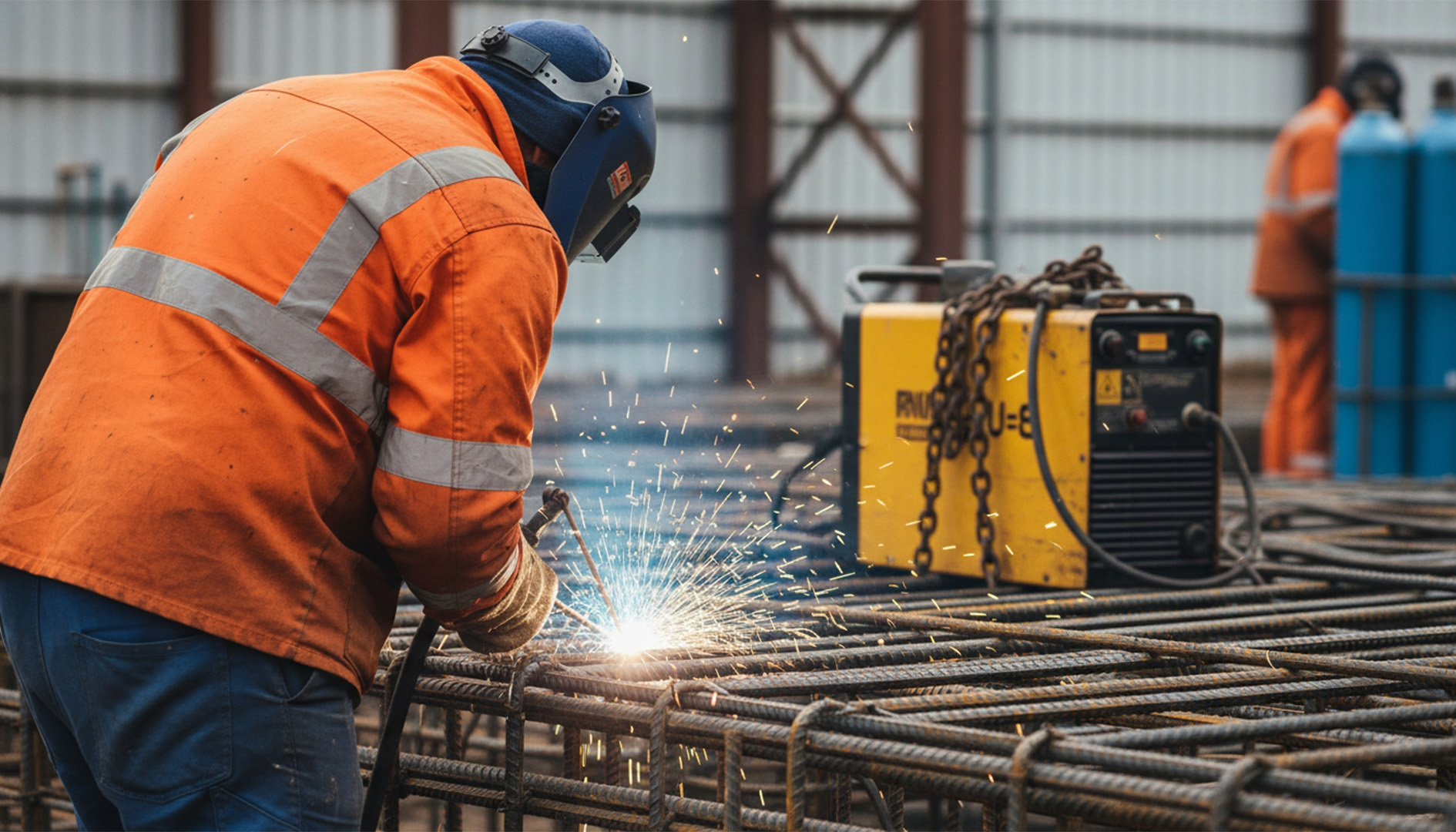 Close-up of a construction worker welding outside a data center in Ohio