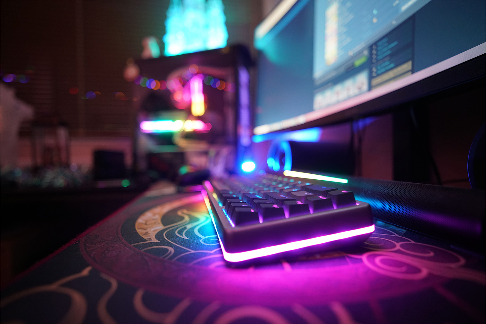 Close-up of a keyboard and computer on a desk