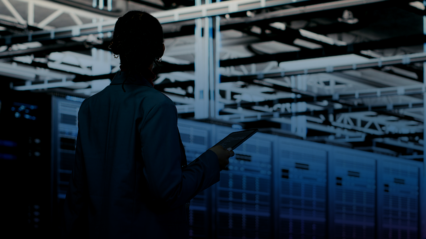 View of a data center worker from behind
