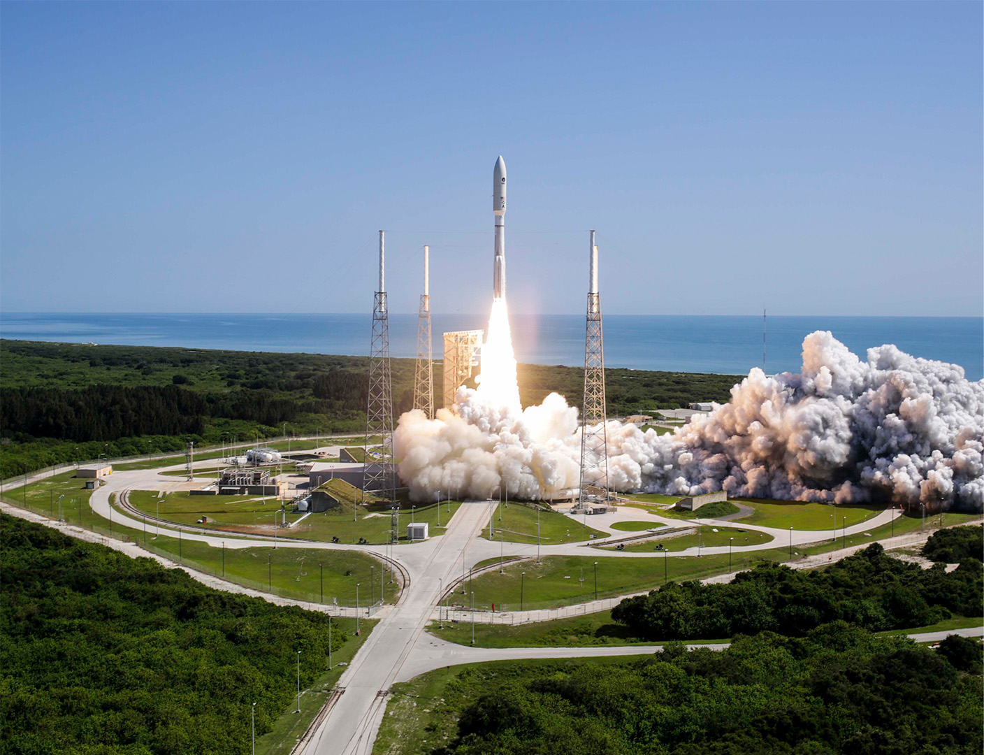 American rocket blasting off from a space station