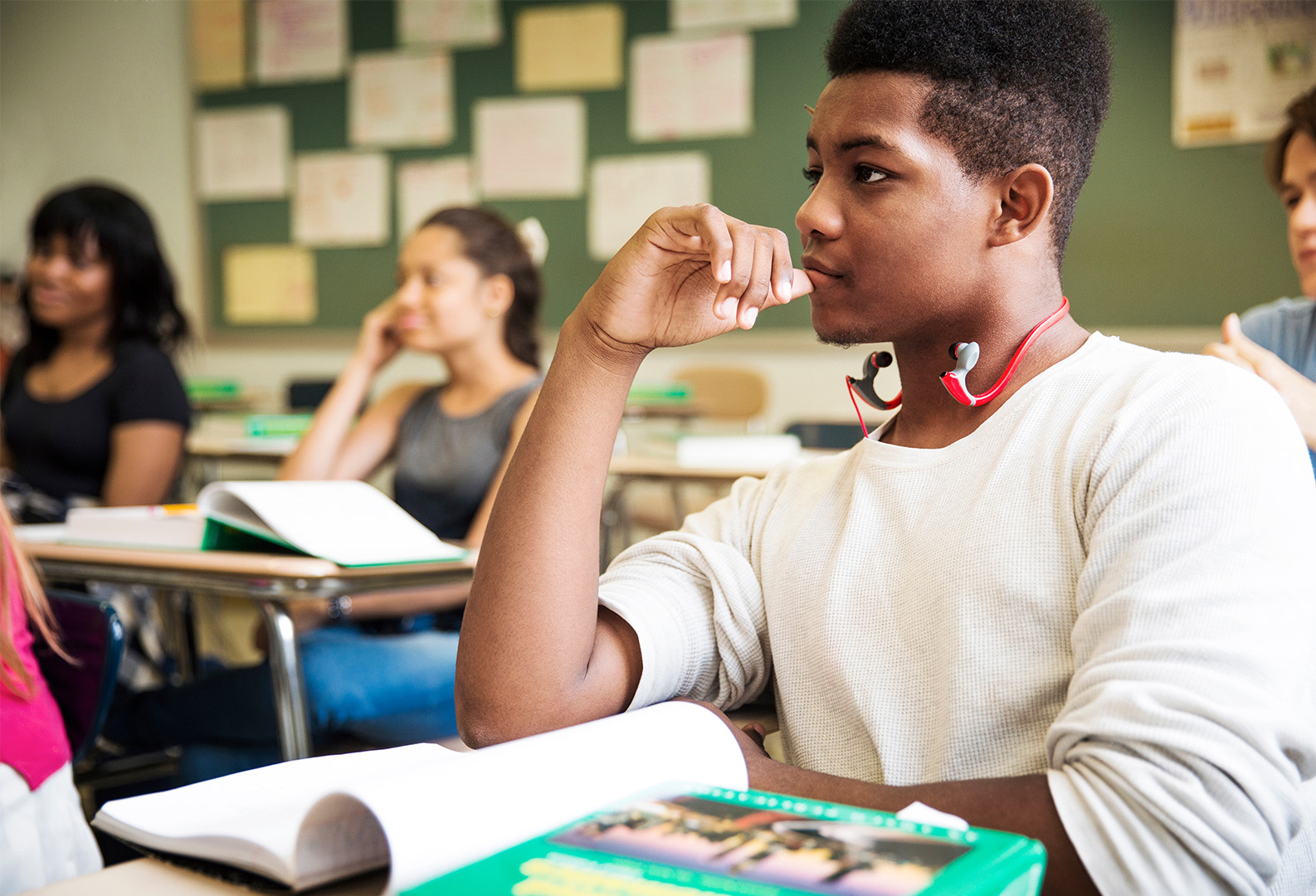 Students listening intently in a classroom